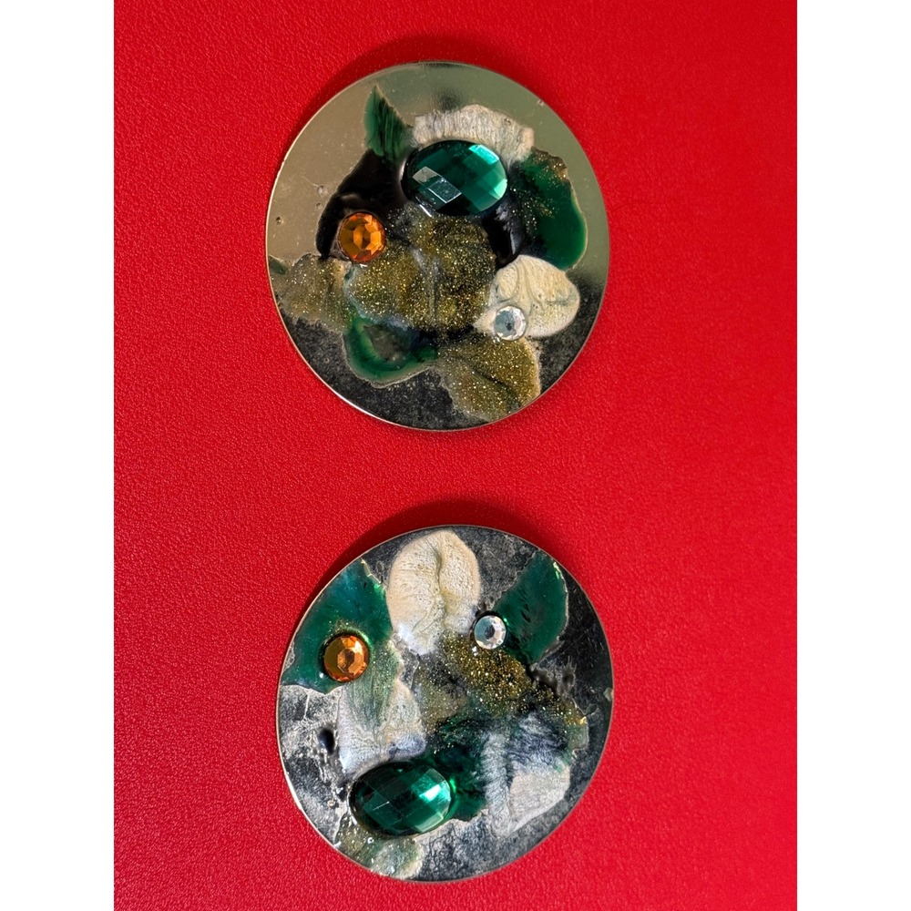 Vintage Handmade Abstract Disc Earrings Green Gold Resin Artisan Statement - Picture 7 of 9